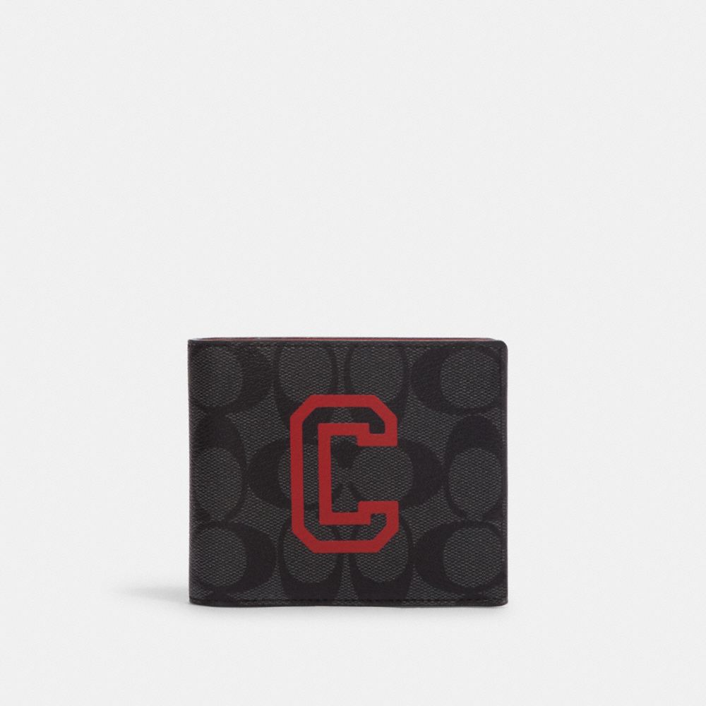 COACH®,3-IN-1 WALLET IN SIGNATURE CANVAS WITH VARSITY MOTIF,Signature Canvas,Black Antique Nickel/Charcoal/Bright Poppy,Front View