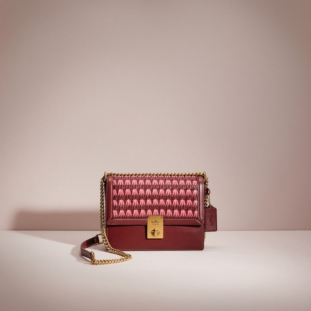 COACH®,RESTORED HUTTON SHOULDER BAG WITH WEAVING,Refined Calf Leather,Small,Brass/Wine Multi,Front View