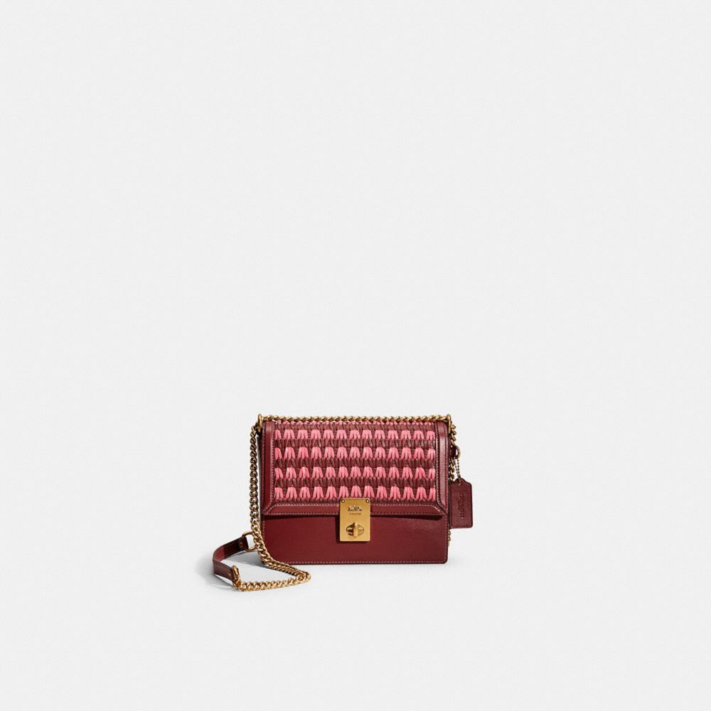 COACH®,RESTORED HUTTON SHOULDER BAG WITH WEAVING,Refined Calf Leather,Small,Brass/Wine Multi,Front View