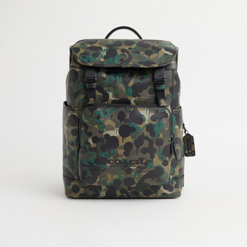 COACH®,Restored League Flap Backpack With Camo Print,Leather,Backpack,Plastic,Logo,Casual,,Front View