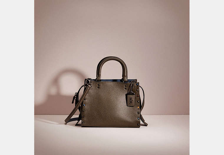 COACH®,RESTORED ROGUE 25 WITH RIVETS,Natural Pebble Leather,Small,Pewter/Dark Olive,Front View