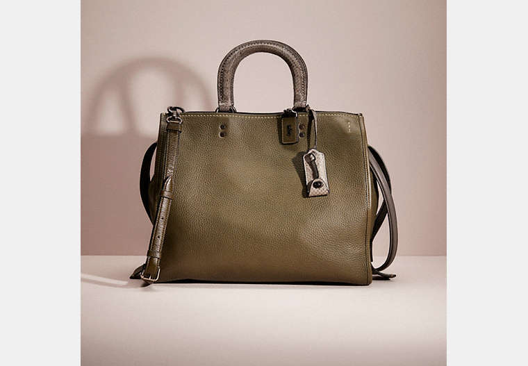 COACH®,RESTORED ROGUE 36 WITH COLORBLOCK SNAKESKIN DETAIL,Snakeskin Leather,Large,Pewter/Olive,Front View