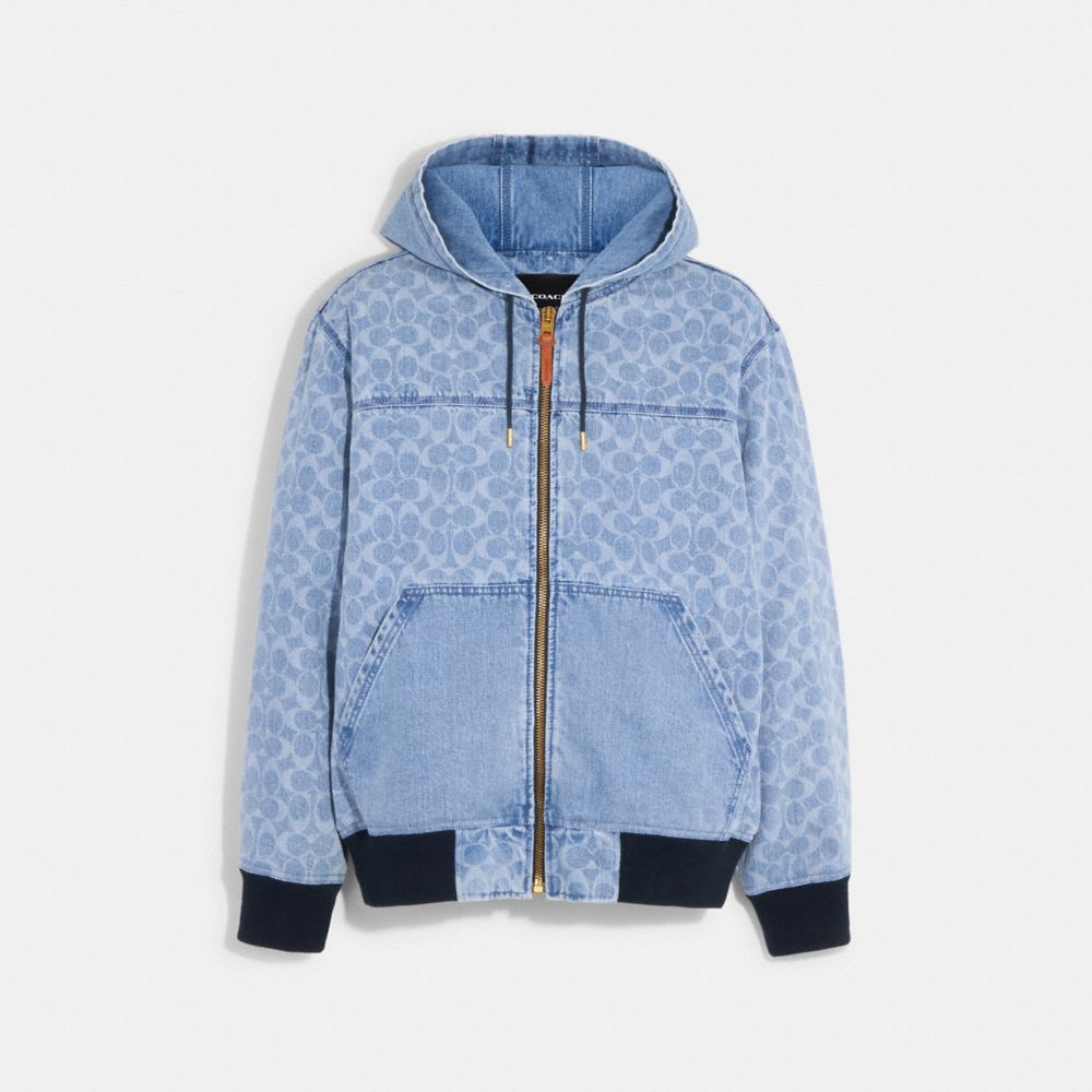 Coach Outlet Signature Denim Hooded Zip Up Jacket - Blue - XLarge