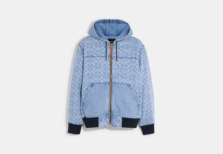 COACH®,SIGNATURE DENIM HOODED ZIP UP JACKET,Light Wash,Front View