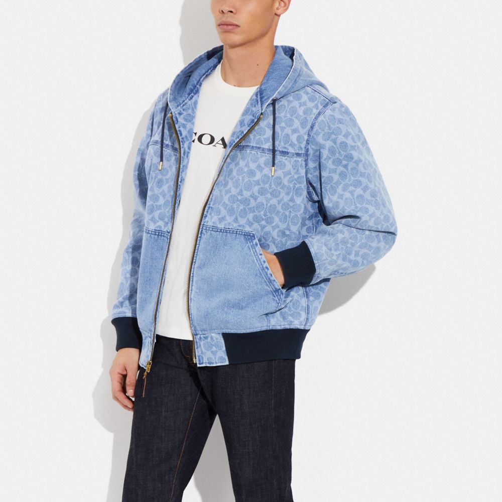 COACH®,SIGNATURE DENIM HOODED ZIP UP JACKET,Light Wash,Scale View