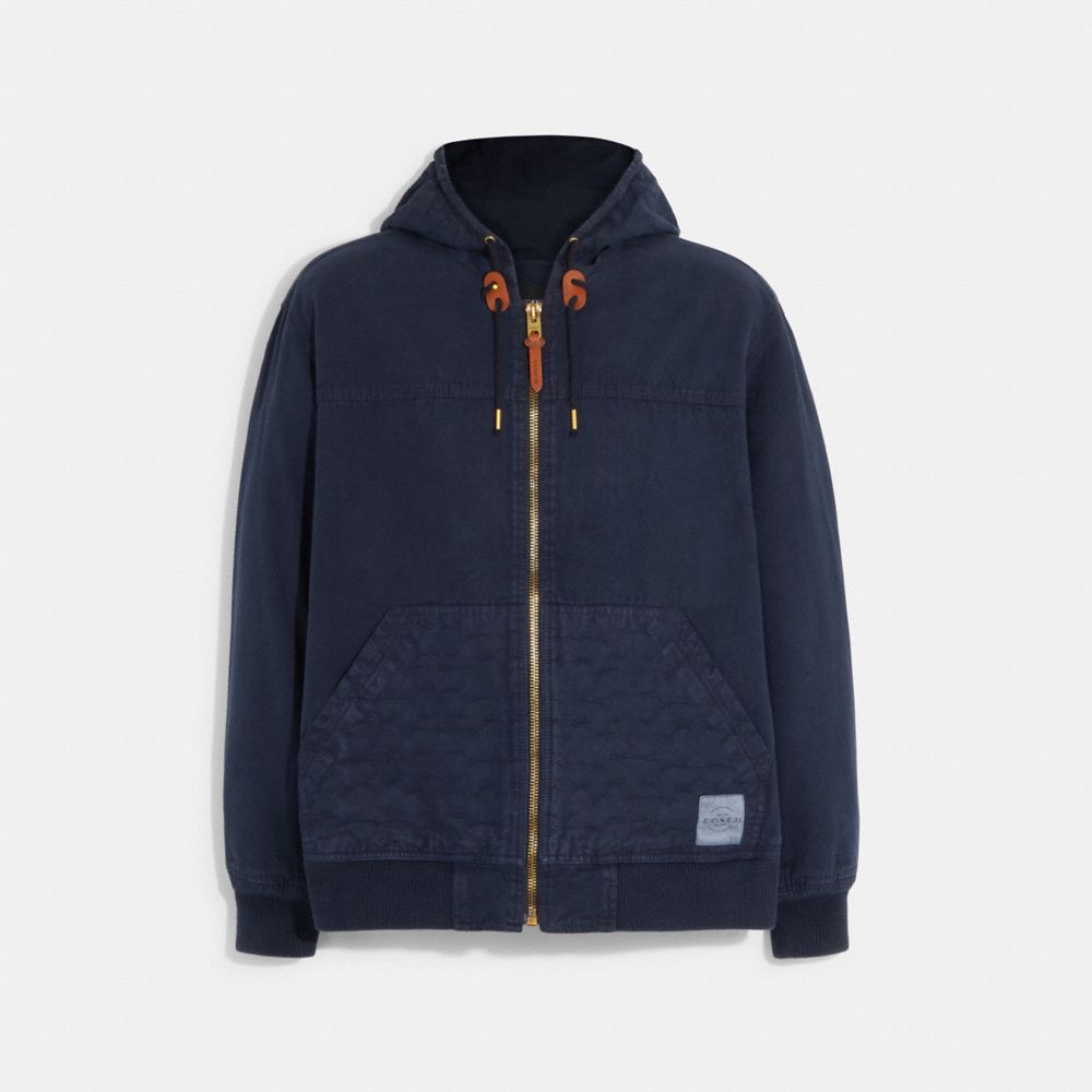 COACH®,HOODED ZIP UP JACKET,Navy,Front View