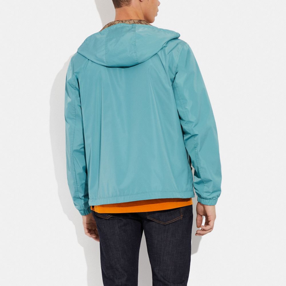 COACH®,Reversible Full Zip Windbreaker,Polyester,Raincoat,Windbreaker,Zipper,Drawstring,Reversible,Ripstop,Casual,Turquoise,Scale View