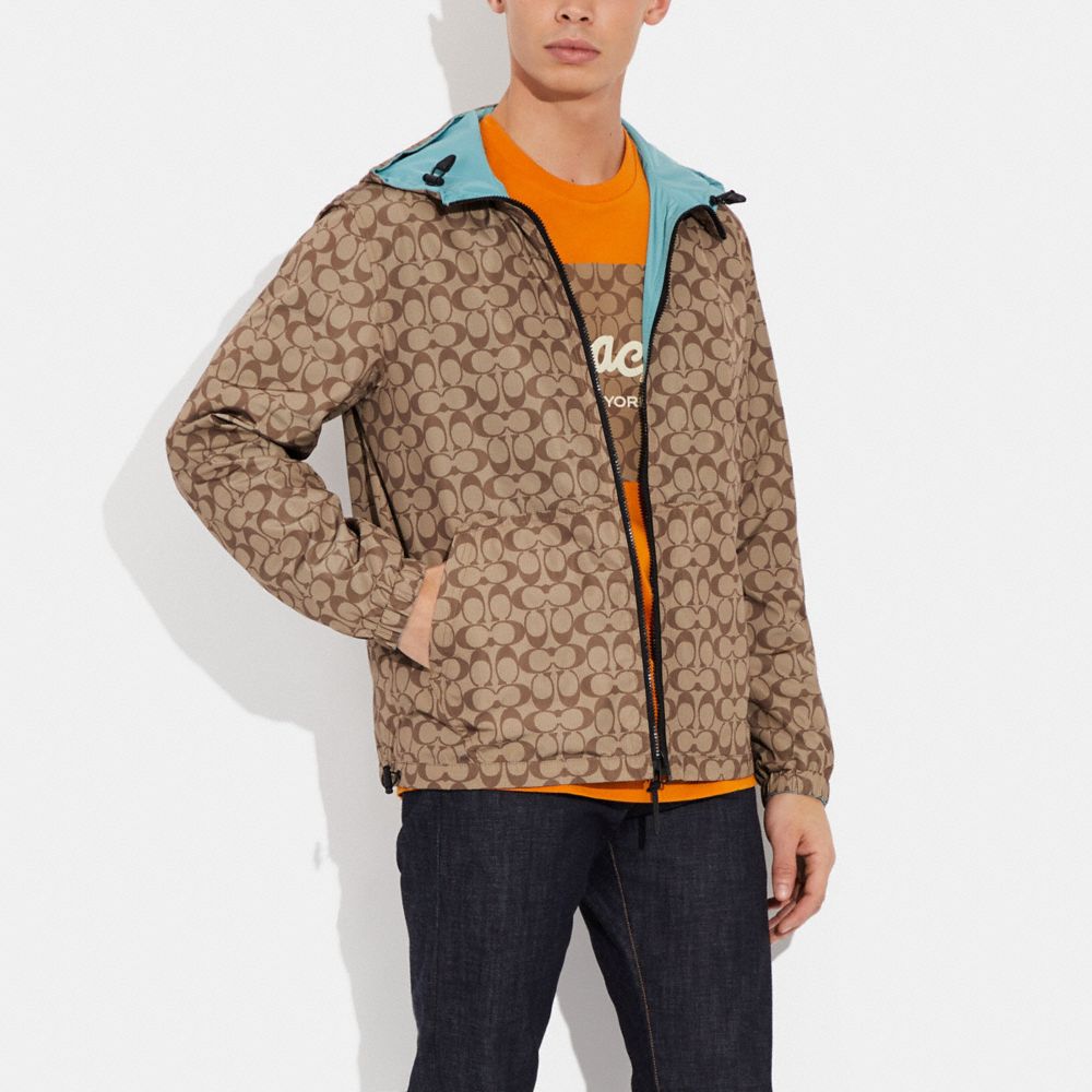 COACH®,Reversible Full Zip Windbreaker,Polyester,Raincoat,Windbreaker,Zipper,Drawstring,Reversible,Ripstop,Casual,Turquoise,Scale View