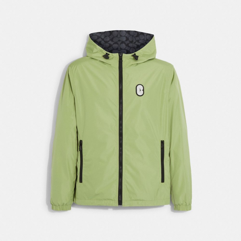 COACH®,REVERSIBLE FULL ZIP WINDBREAKER,Muted Green/Charcoal Signature,Front View