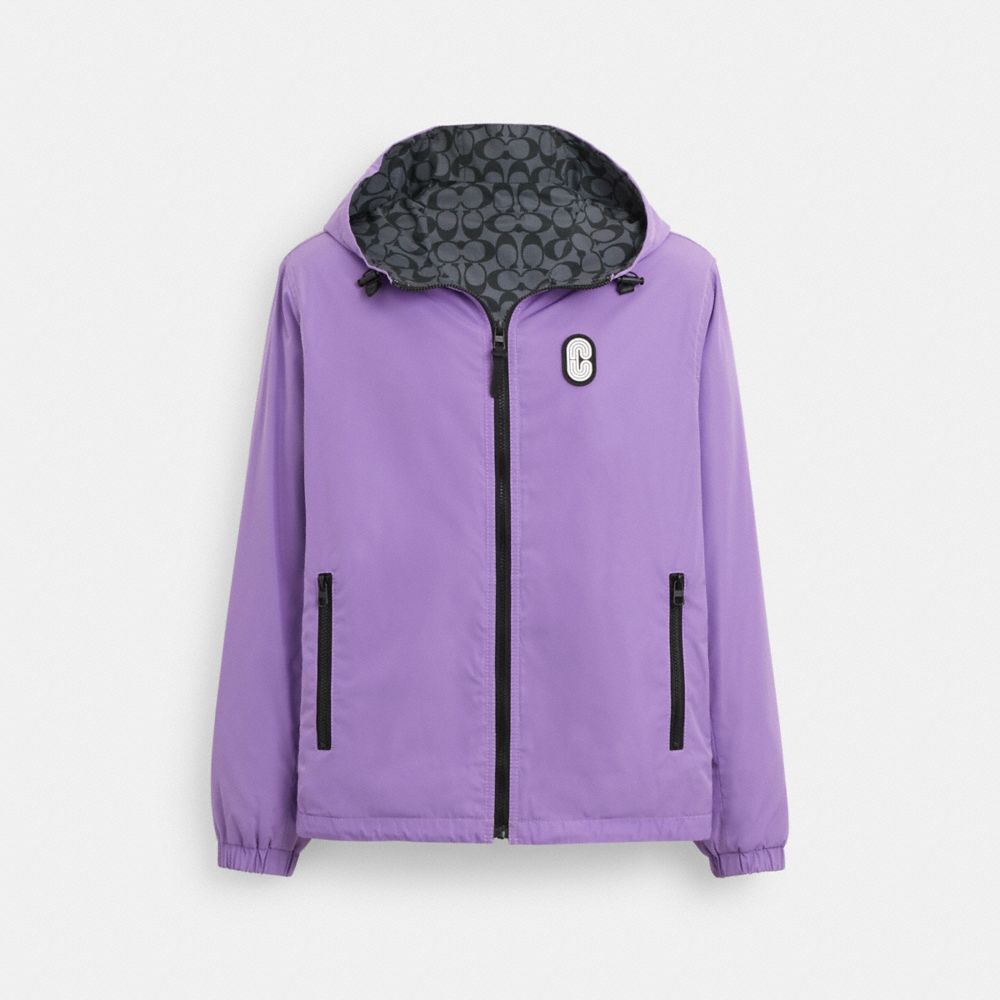 COACH®,REVERSIBLE FULL ZIP WINDBREAKER,Lavender / Charcoal Signature,Front View