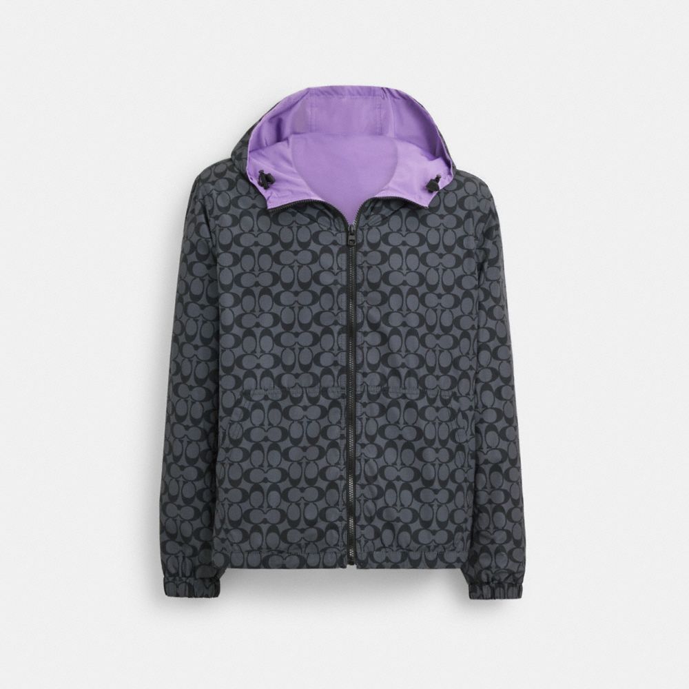 COACH®,REVERSIBLE FULL ZIP WINDBREAKER,Lavender / Charcoal Signature,Angle View