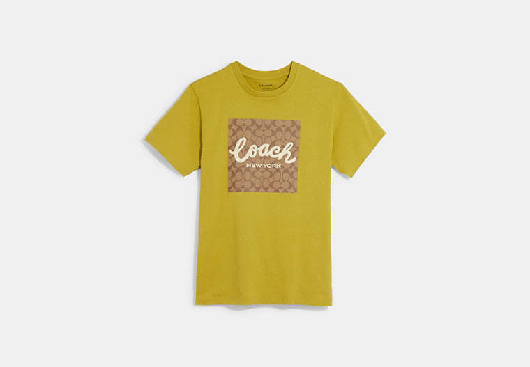 COACH®,シグネチャー グラフィック Tシャツ,トップス&パンツ,ｺﾞｰﾙﾃﾞﾝ ｵﾘｰﾌﾞ