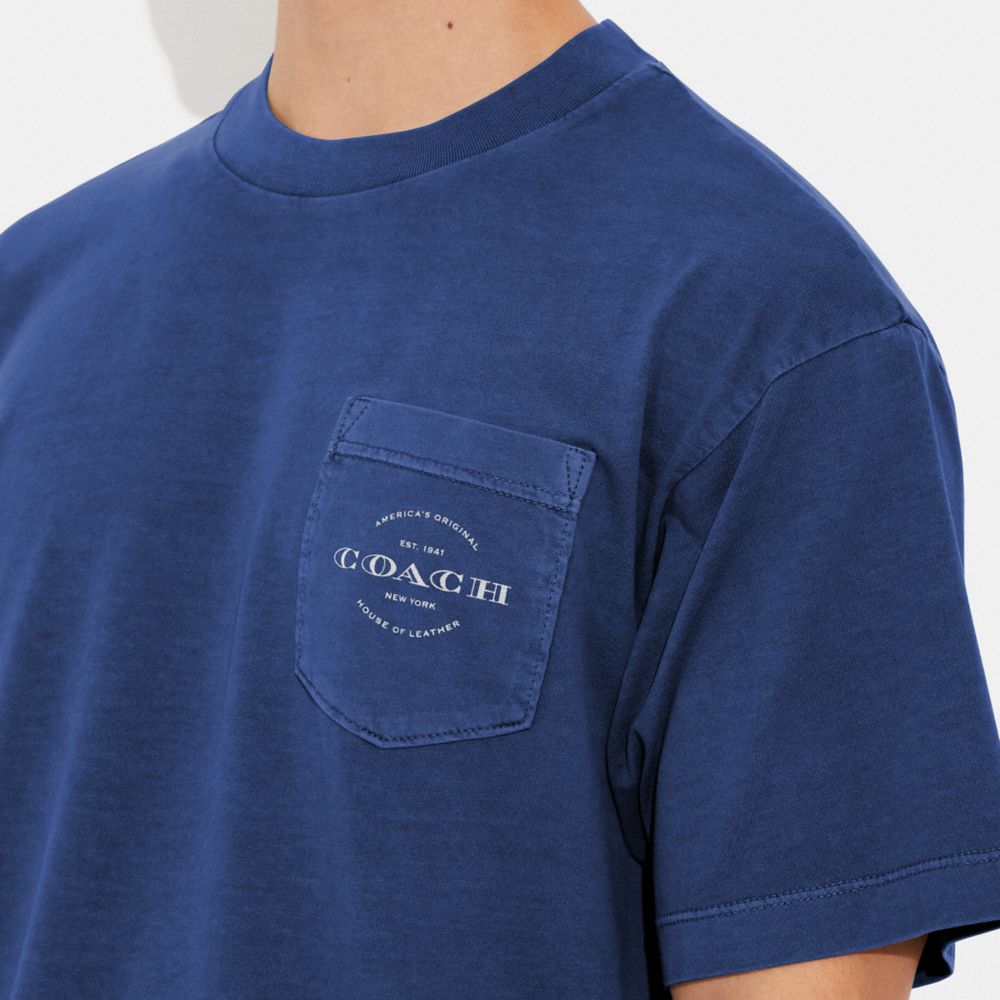 COACH®,Pocket T Shirt,Cotton,Cotton Knit,Spandex,T Shirt,Word Embellishment,Logo,Casual,Blue,Detail View