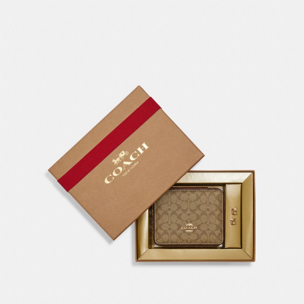 COACH®,BOXED JEWELRY BOX AND EARRINGS SET IN SIGNATURE CANVAS,Small,Gold/Khaki,Front View