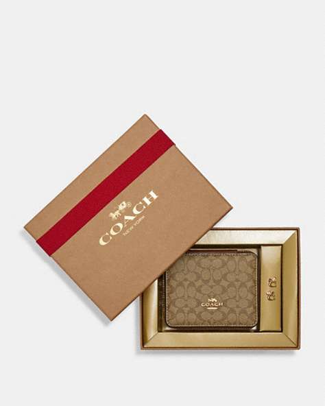 COACH®,BOXED JEWELRY BOX AND EARRINGS SET IN SIGNATURE CANVAS,Small,Gold/Khaki,Front View