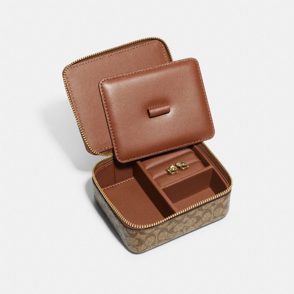 COACH®,BOXED JEWELRY BOX AND EARRINGS SET IN SIGNATURE CANVAS,Small,Gold/Khaki,Inside View,Top View