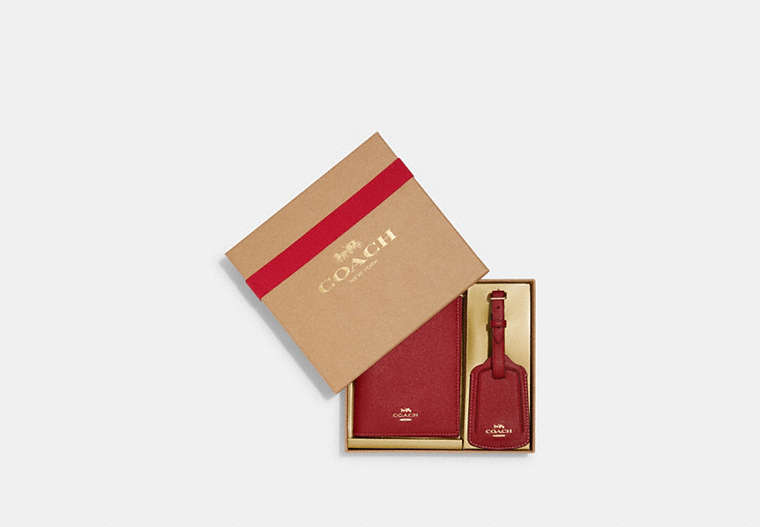 COACH®,BOXED PASSPORT CASE AND LUGGAGE TAG SET,Crossgrain Leather,Mini,Gold/1941 Red,Front View