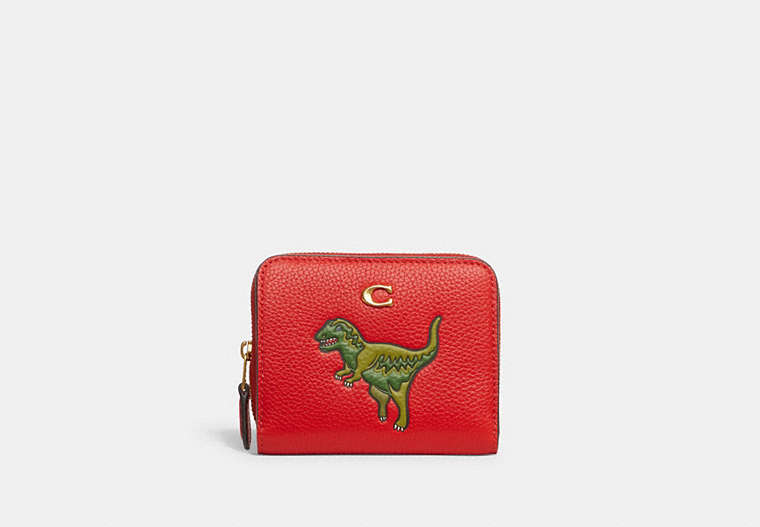 COACH®,BILLFOLD WALLET WITH REXY,Polished Pebble Leather,Mini,Brass/Sport Red,Front View
