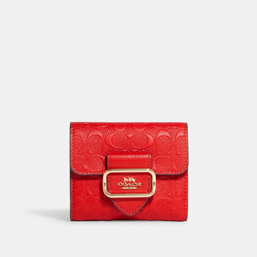 COACH®,PETIT PORTEFEUILLE MORGAN EN CUIR SIGNATURE,Cuir,Or/Rouge électrique,Front View