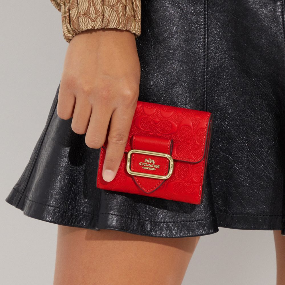 COACH®,SMALL MORGAN WALLET IN SIGNATURE LEATHER,Smooth Leather,Gold/Electric Red,Detail View