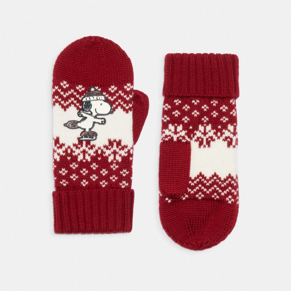 COACH®,COACH X PEANUTS MITTENS WITH SNOOPY,Burgundy,Front View
