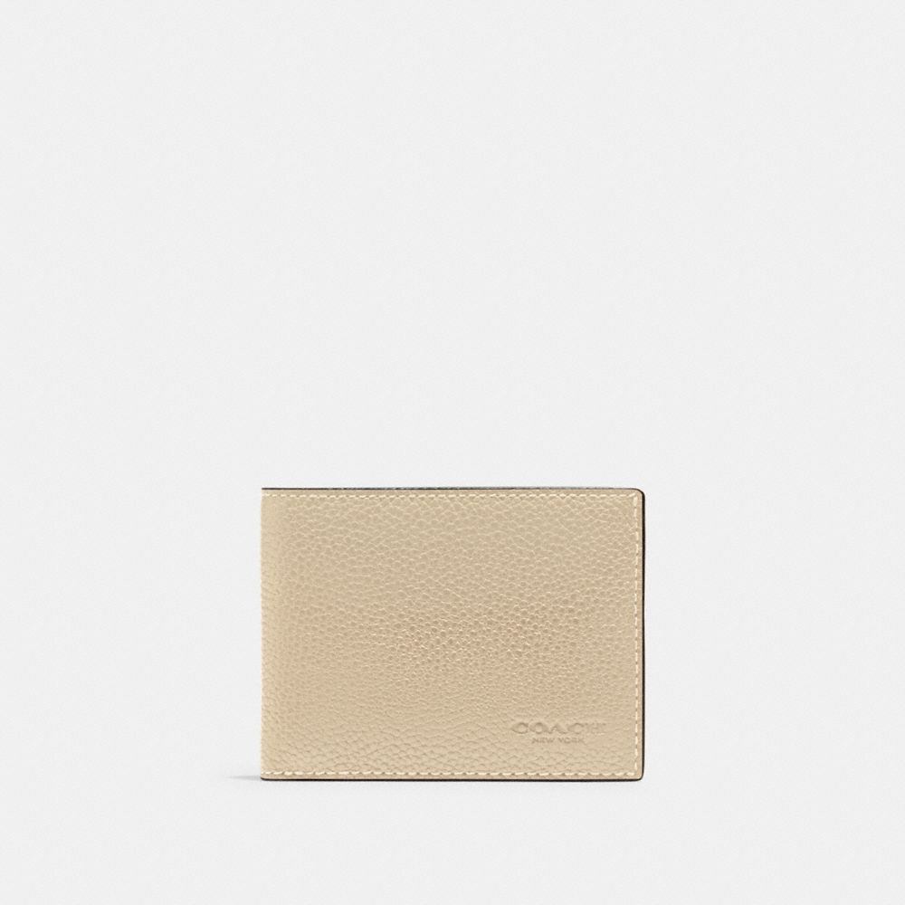 COACH®,SLIM BILLFOLD WALLET,Polished Pebble Leather,Mini,Ivory,Front View