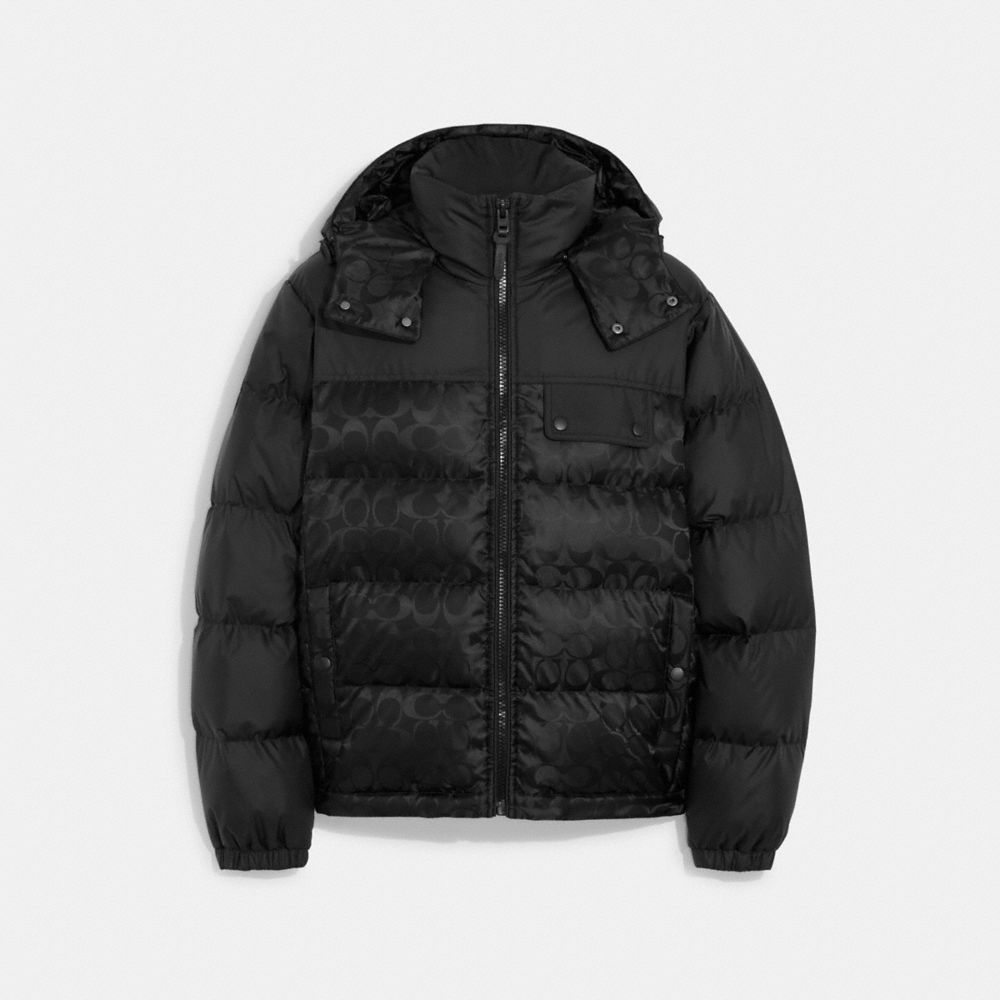 COACH®,SIGNATURE HOODED PUFFER JACKET,Polyamide,Black,Front View