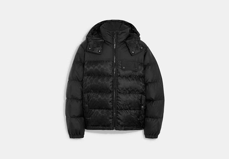 COACH®,SIGNATURE HOODED PUFFER JACKET,Polyamide,Black,Front View