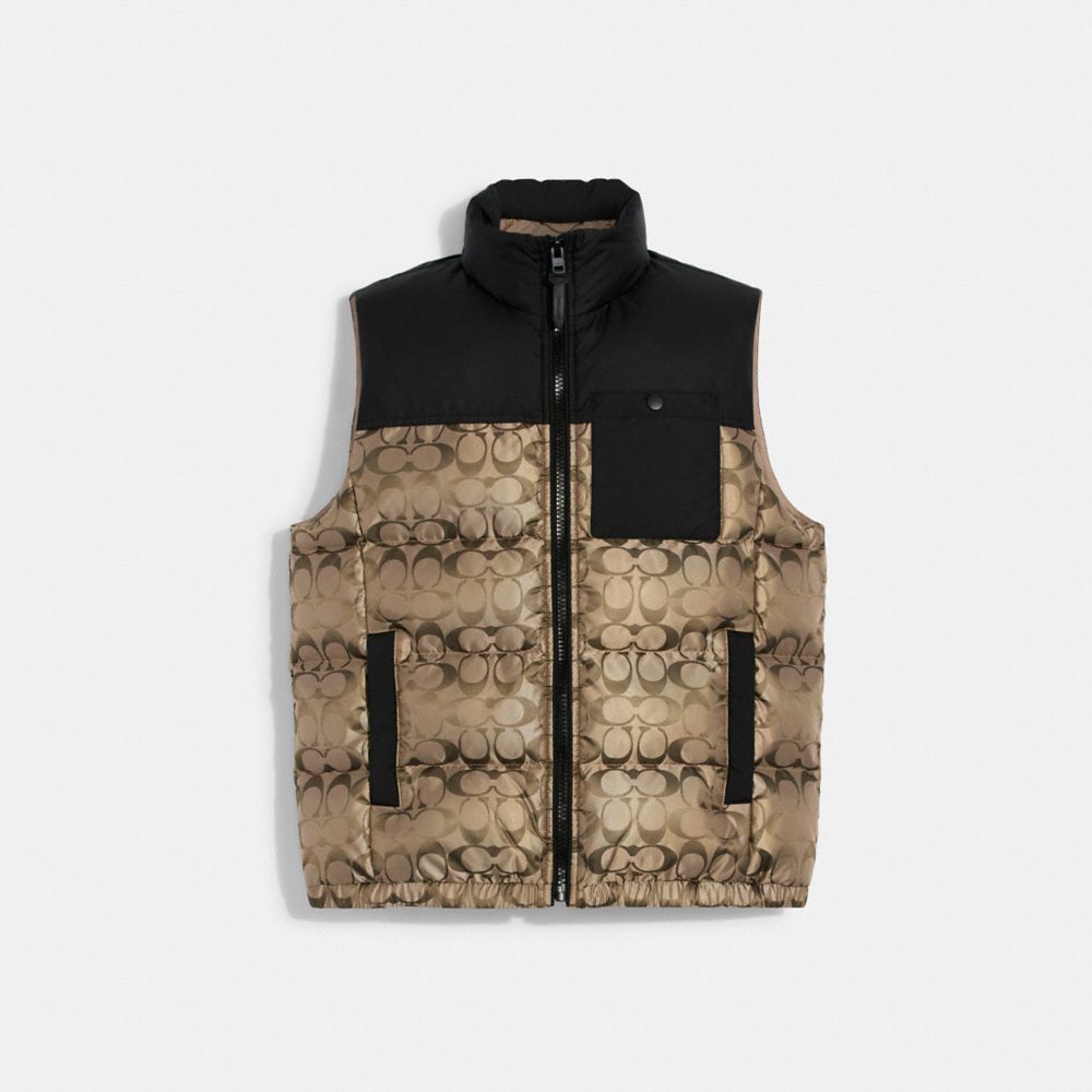 COACH®,SIGNATURE PUFFER VEST,Black/Desert Taupe Signature,Front View