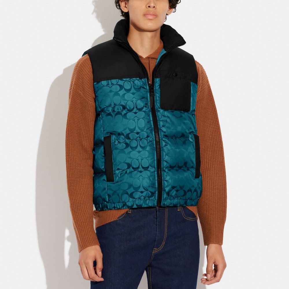 COACH®,Signature Puffer Vest,Polyamide,Polyester,Quilted,Vest,Puffer,Mixed Media,Logo,Color Block,Casual,Teal,Scale View