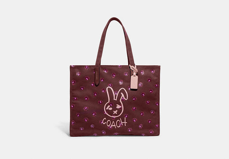 COACH®,LUNAR NEW YEAR TOTE 42 WITH RABBIT IN 100 PERCENT RECYCLED CANVAS,Recycled Canvas,X-Large,Brass/Wine Multi,Front View