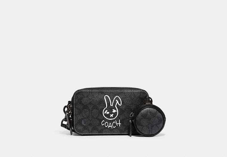 COACH®,LUNAR NEW YEAR CHARTER SLIM CROSSBODY IN SIGNATURE CANVAS WITH RABBIT,Signature Coated Canvas,Mini,Charcoal Multi,Front View