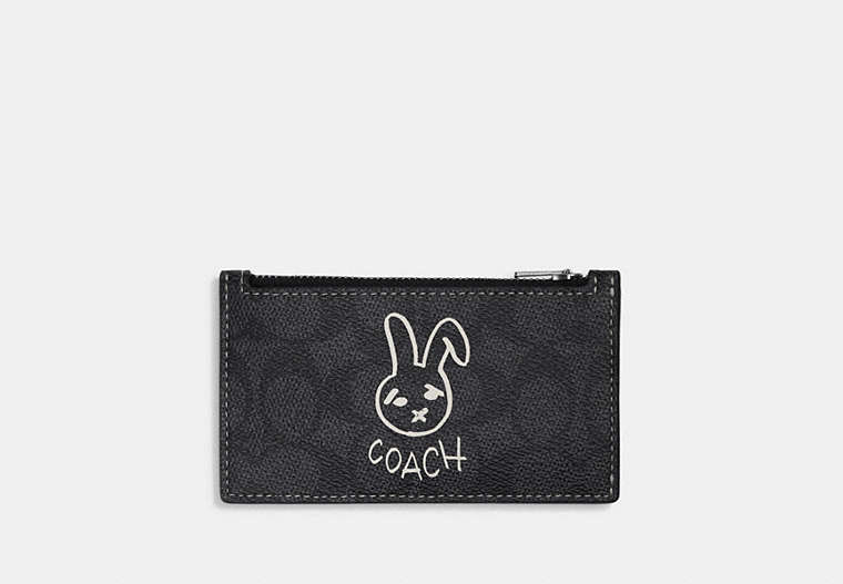 COACH®,LUNAR NEW YEAR ZIP CARD CASE IN SIGNATURE CANVAS WITH RABBIT,Charcoal Multi,Front View