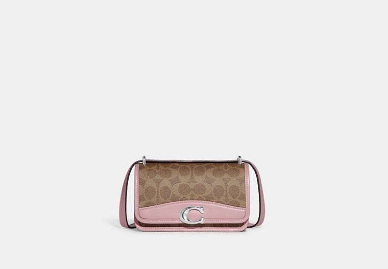 COACH®,LUNAR NEW YEAR BANDIT CROSSBODY IN COLORBLOCK SIGNATURE CANVAS WITH RABBIT CHARM,canvas,Mini,Silver/Tan Powder Pink,Front View