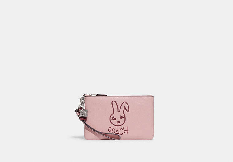 COACH®,LUNAR NEW YEAR SMALL WRISTLET WITH RABBIT,Pebble Leather,Silver/Powder Pink Multi,Front View