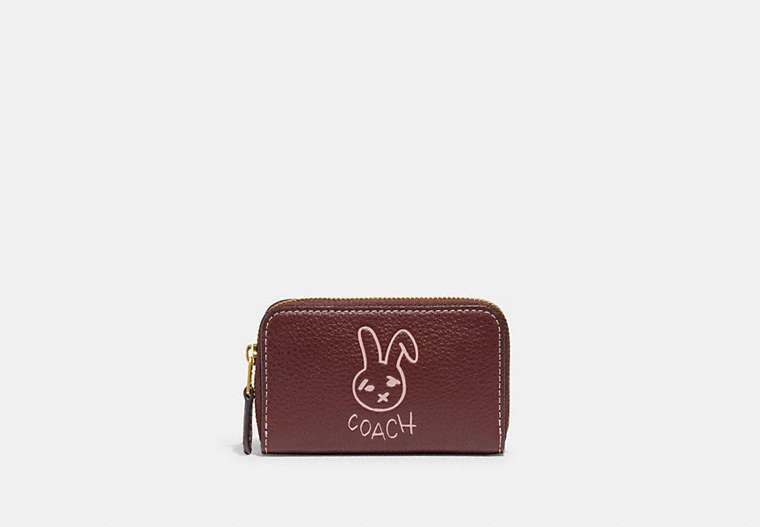 COACH®,LUNAR NEW YEAR SMALL ZIP AROUND CARD CASE WITH RABBIT,Mini,Brass/Wine Multi,Front View