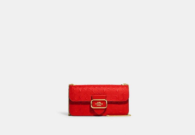 COACH®,MORGAN CROSSBODY IN SIGNATURE LEATHER,Smooth Calf Leather,Mini,Gold/Electric Red,Front View