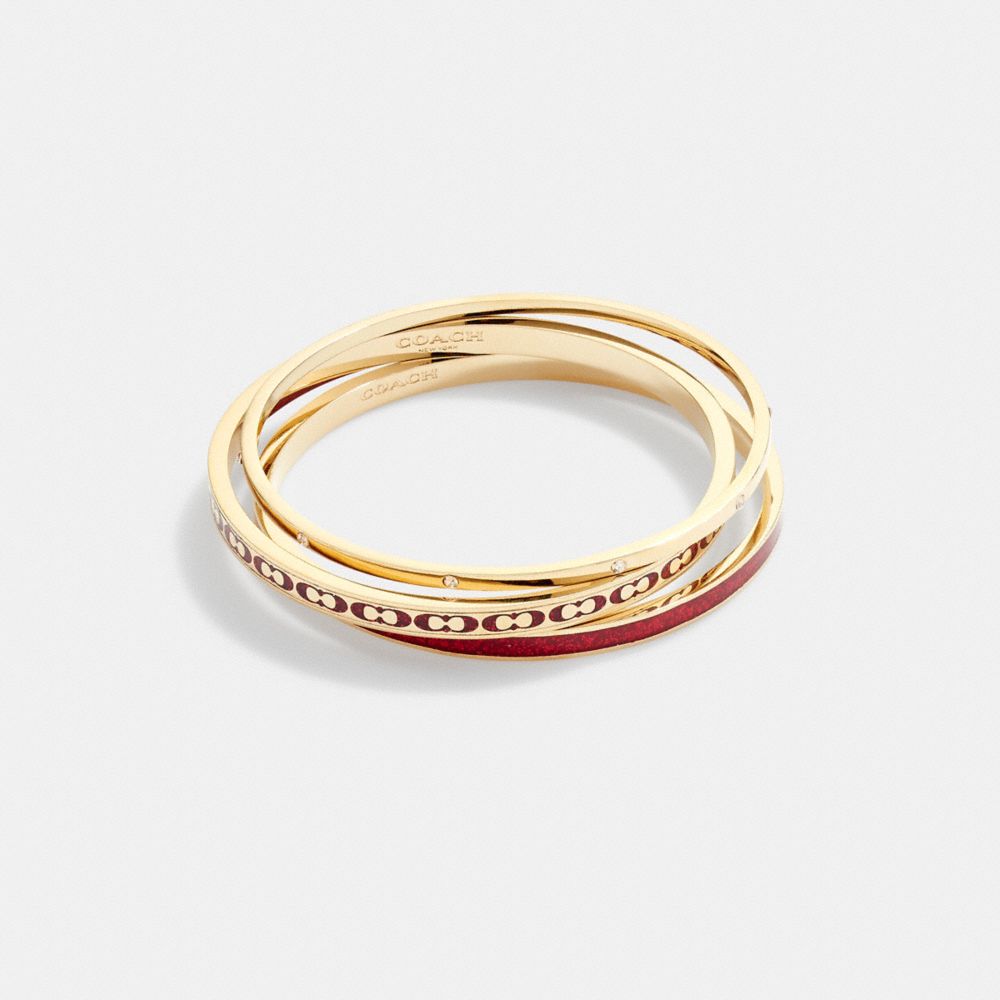 COACH®,SIGNATURE ENAMEL BANGLE SET,Gold/Red Glitter,Front View