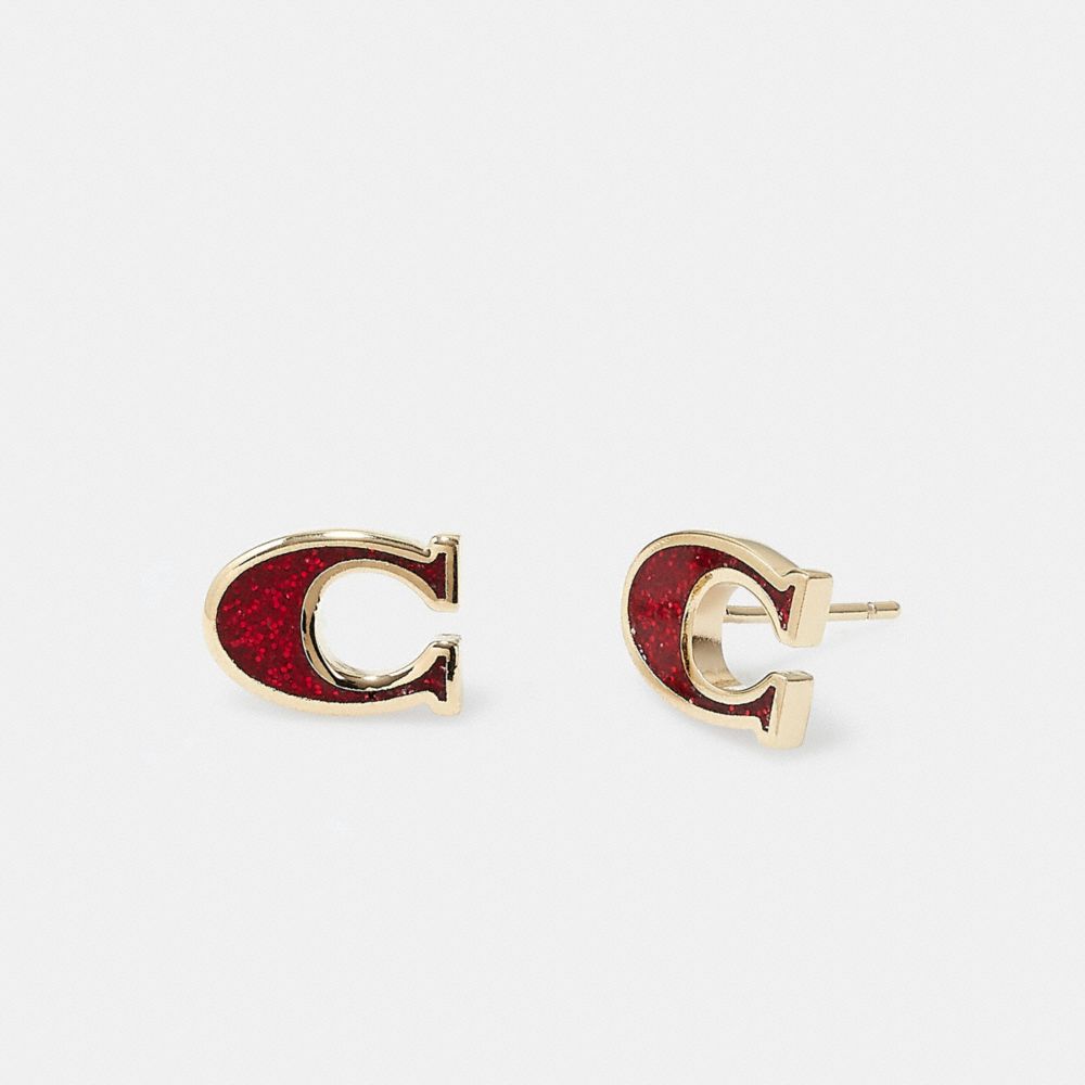Gold Red Glitter Signature Enamel Stud Earrings