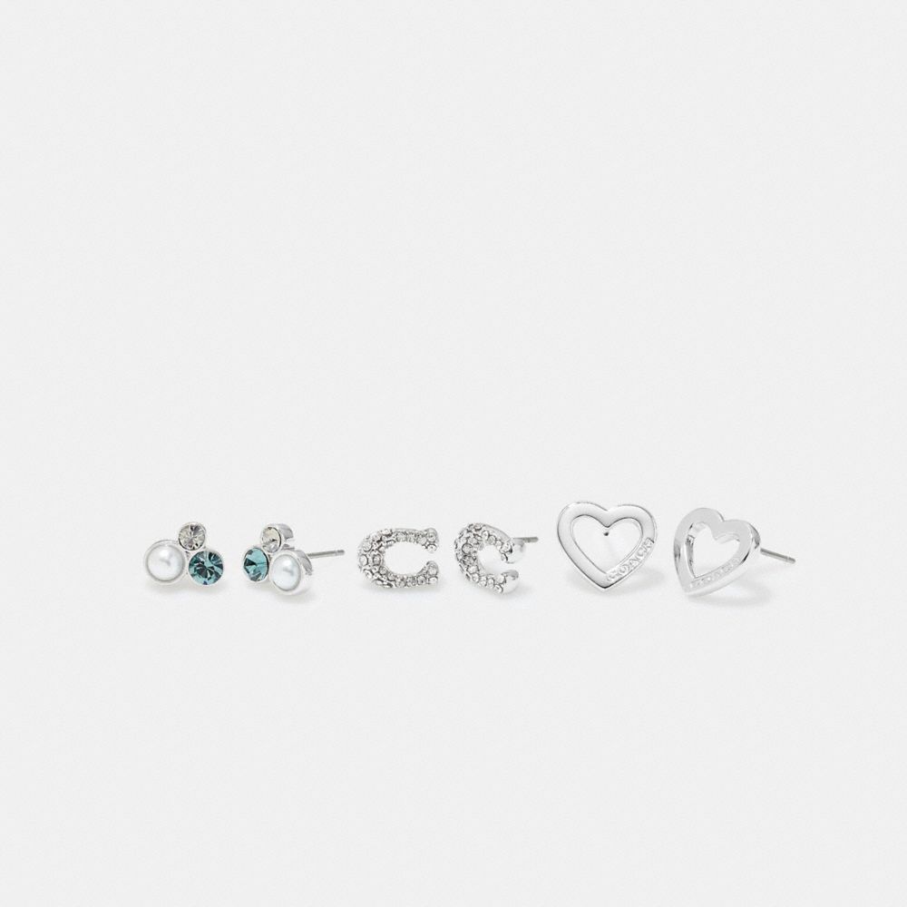 COACH®,SIGNATURE STONE CLUSTER HEART EARRINGS SET,Silver/Blue,Front View