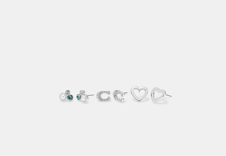 COACH®,SIGNATURE STONE CLUSTER HEART EARRINGS SET,Brass,Silver/Blue,Front View