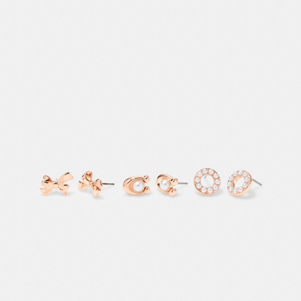 COACH®,SIGNATURE PEARL BOW EARRINGS SET,Rose Gold,Front View