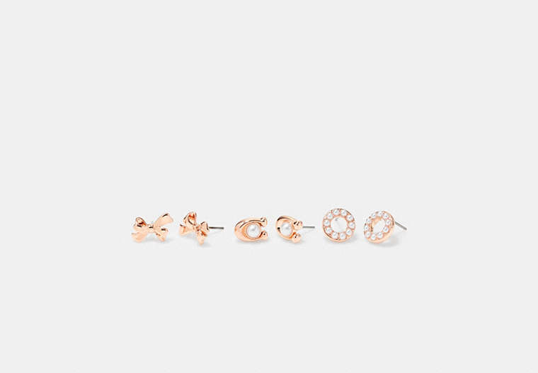 COACH®,SIGNATURE PEARL BOW EARRINGS SET,Brass,Rose Gold,Front View