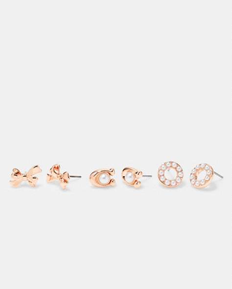 COACH®,SIGNATURE PEARL BOW EARRINGS SET,Brass,Rose Gold,Front View