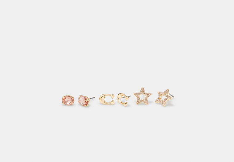 COACH®,SIGNATURE STAR EARRINGS SET,Brass,Gold/Pink,Front View
