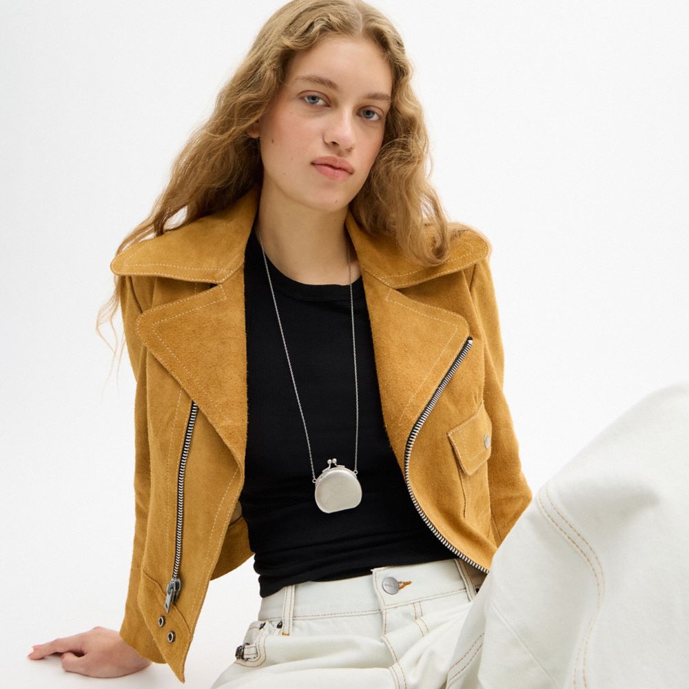 COACH®,Coin Purse Pendant Long Necklace,Single Strand,Cubic Zirconia,Gemstone,Locket,Silver Plated,Brass Silver,Casual,White,Detail View