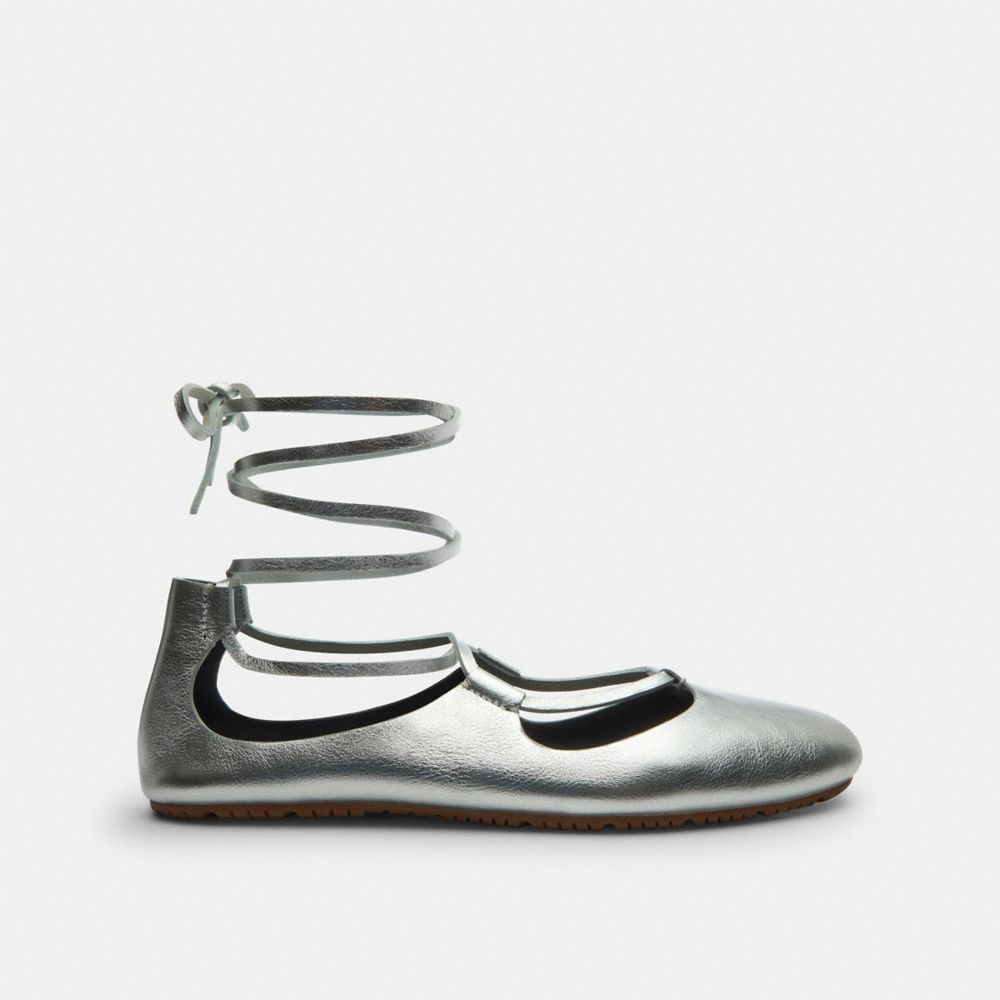 COACH®,Lace-Up Soft Ballet Flat,Rubber,Leather,Synthetic,Flats,Traction,Pull Tab,Day Party,Silver,Angle View