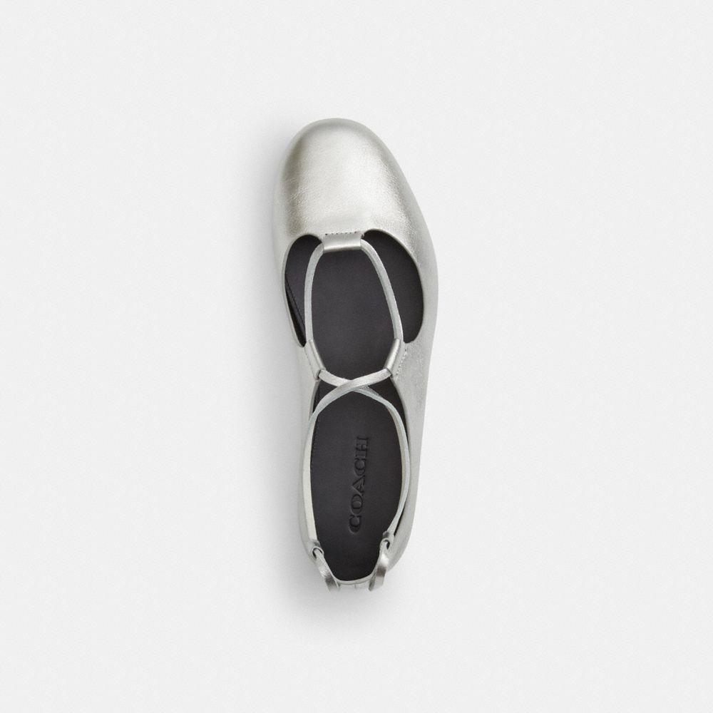 COACH®,Lace-Up Soft Ballet Flat,Rubber,Leather,Synthetic,Flats,Traction,Pull Tab,Day Party,Silver,Inside View,Top View