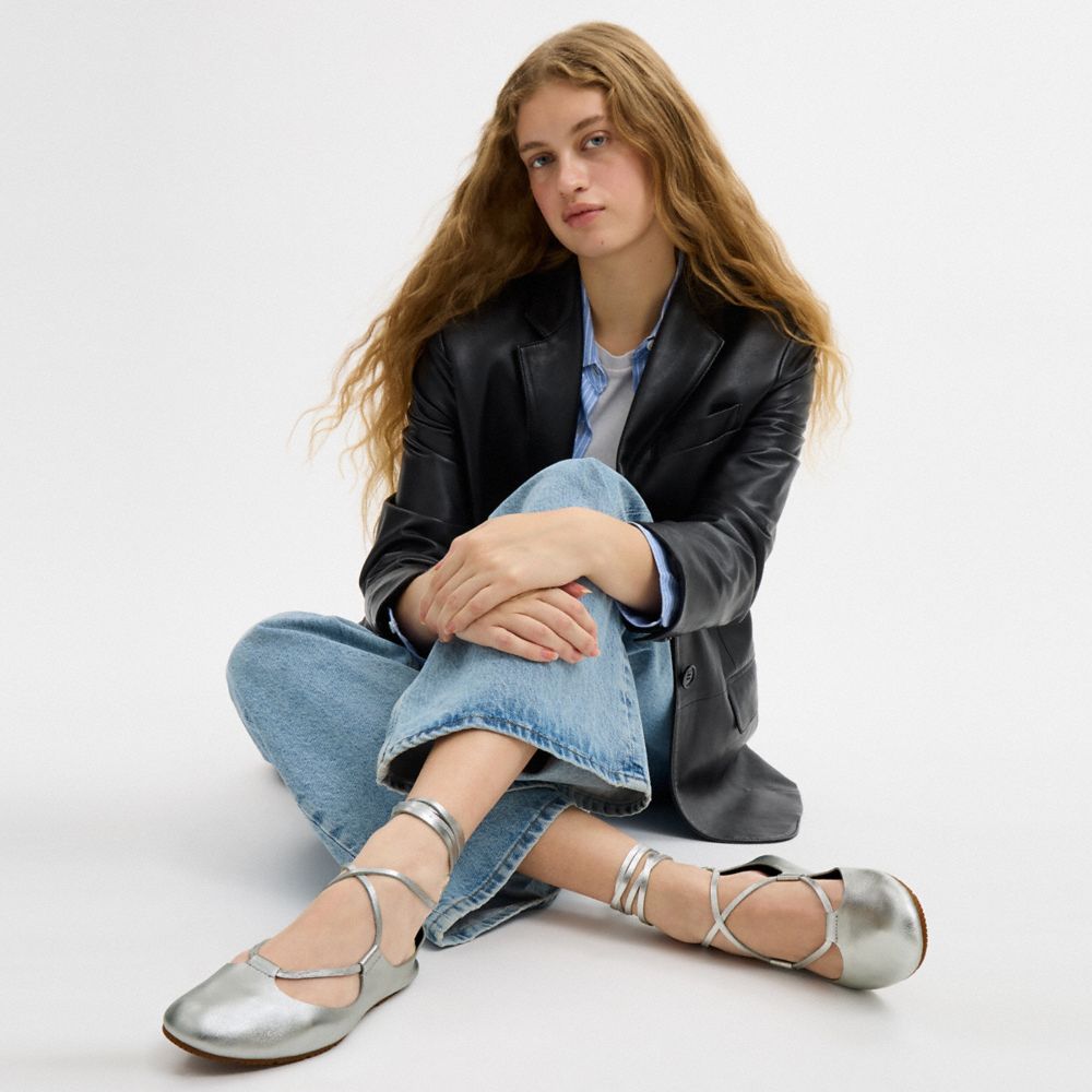 COACH®,Lace-Up Soft Ballet Flat,Rubber,Leather,Synthetic,Flats,Traction,Pull Tab,Day Party,Silver,Detail View