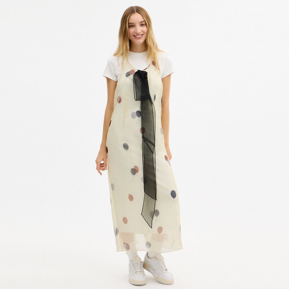 COACH®,Printed Organza Balloon Dress,Cotton,Silk,Organza,Column,T Shirt,Bow,Layered,Mixed Media,Sheer,Color Block,Casual,Yellow,Scale View